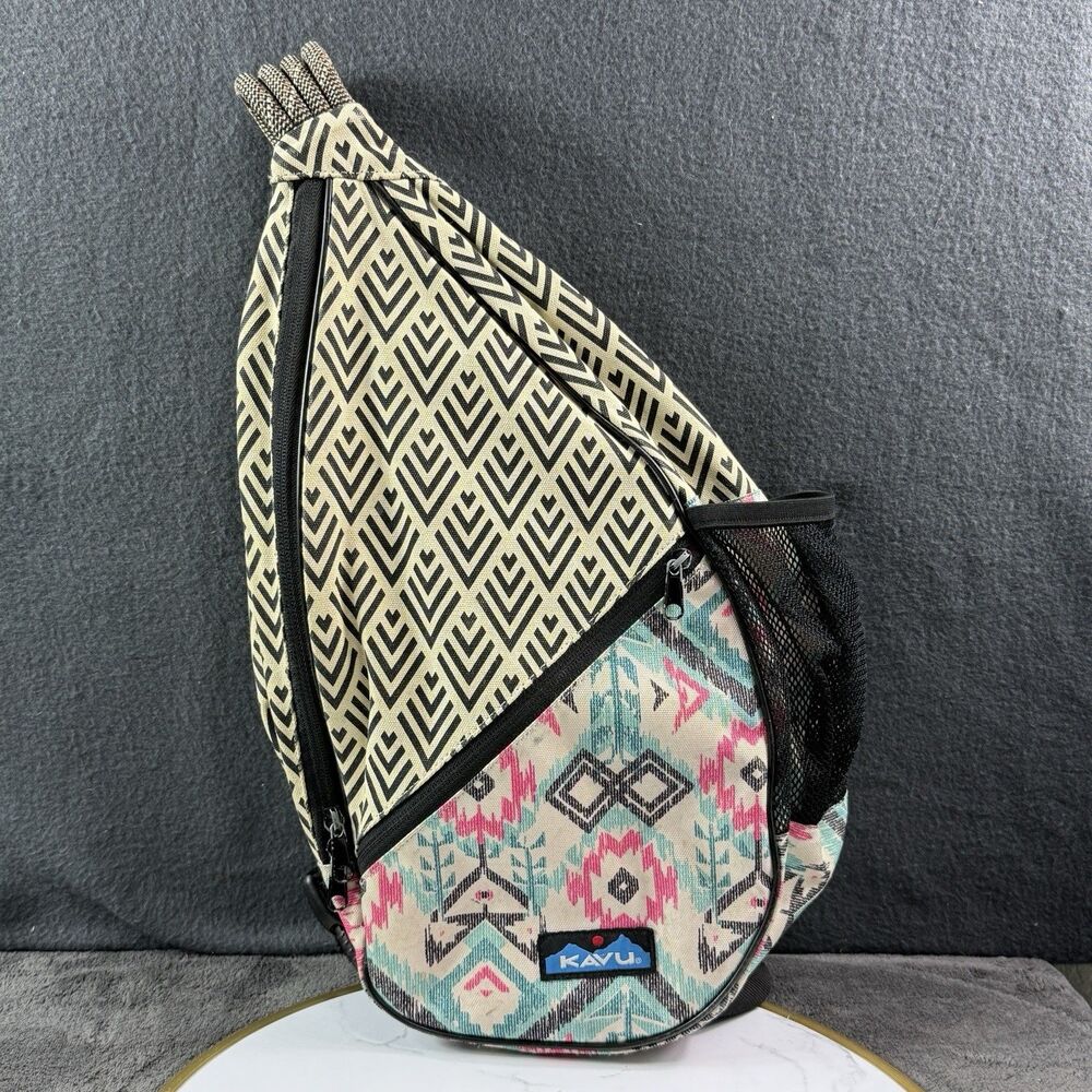 KAVU Paxton Rope Sling Bag Green Pink Geometric Southwestern Backpack  Purse